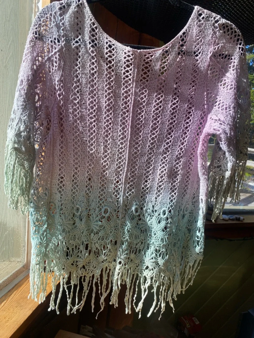Hand Crafted Lavender to Mint Ombre Lace Fringe Scoop Neck Sweater - Picture 2 of 4